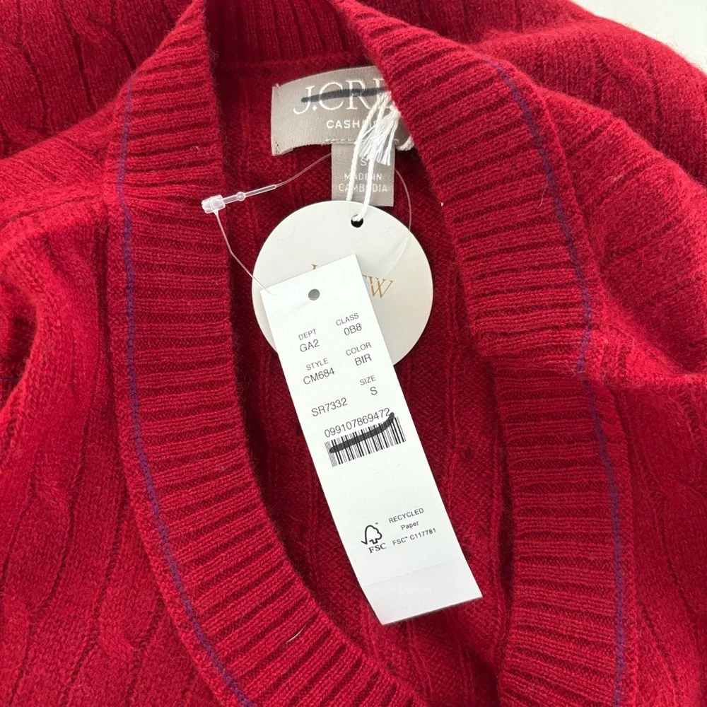 NWT J. Crew Cashmere Cable-knit Sweater Shell Contrast Trim Burgundy Iris Red